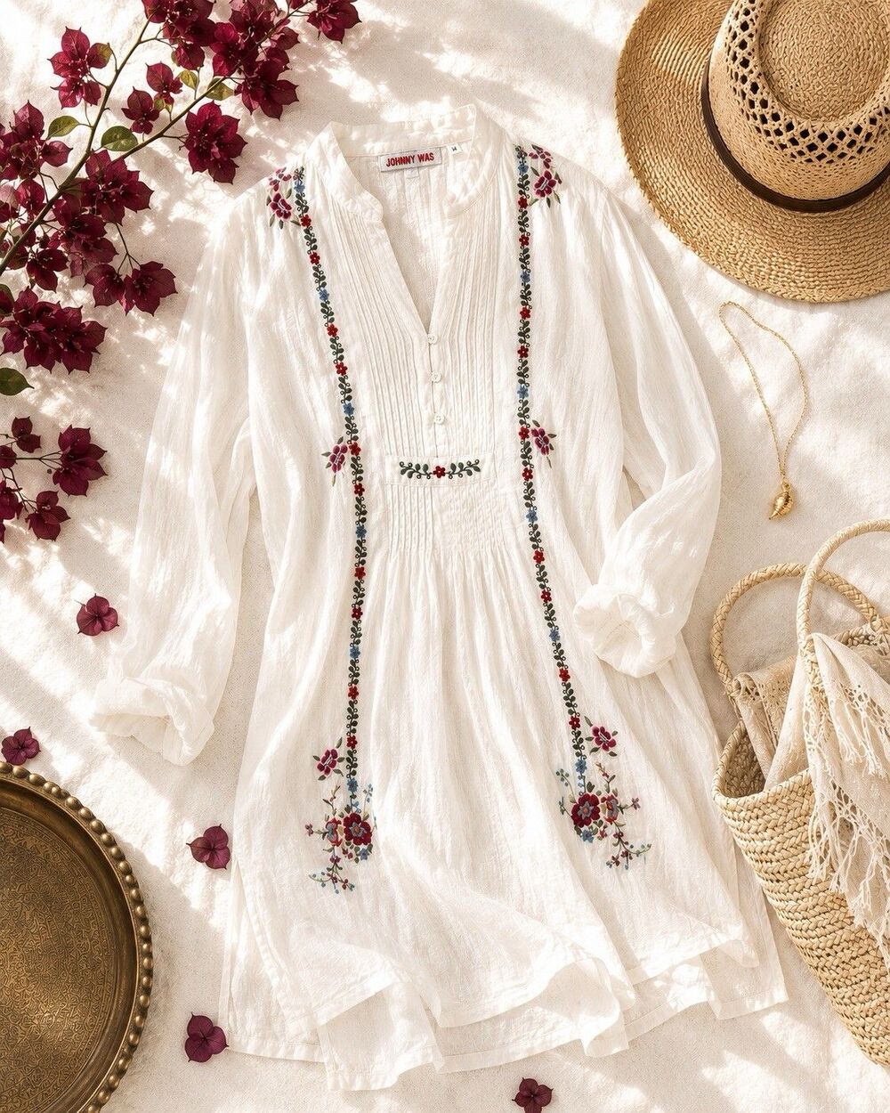 Johnny Was Embroidered Ivory Tunic Dress Beach Cover Up Boho S/M